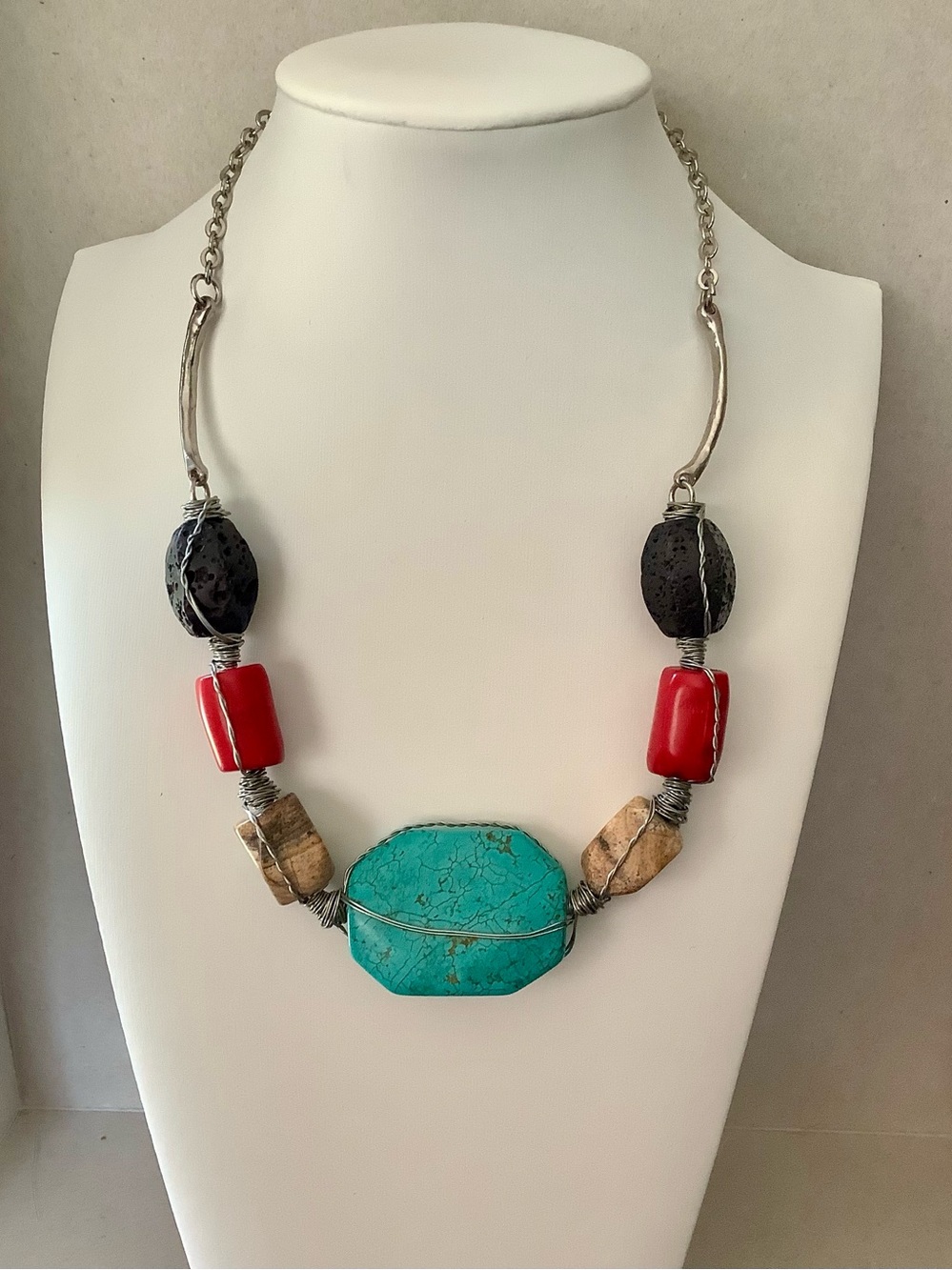 Turquoise Statement Necklace with Red and Black Accents